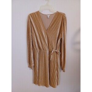 Cato Crushed Velvet Faux Wrap Dress M Gold Longsleeve Smocked Boho Romantic